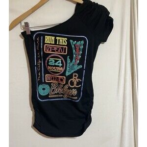 Rocawear Fitted One Shoulder Top urban all over print spell out rhinestone V